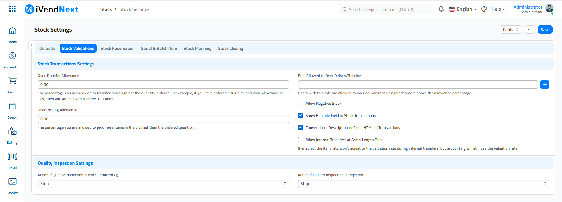 Stock Settings - Stock Validations